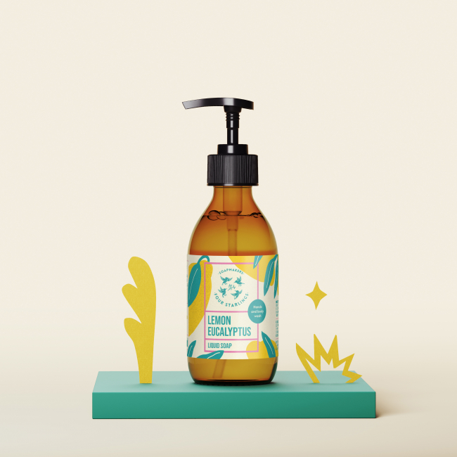 Mydło w płynie Eukaliptus Cytrynowy w szklanej butelce z pompką. 