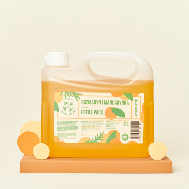 Naturalne mydło w płynie w dwulitrowym opakowaniu typu refill Rozmaryn i Mandarynka, 4 Szpaki